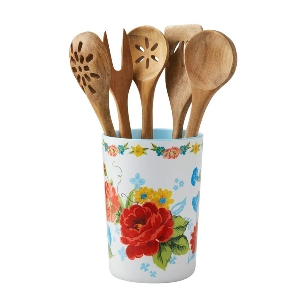 🩷 New Pioneer Woman Sweet Rose Melamine Crock and Wooden Utensils - Picture 7 of 10